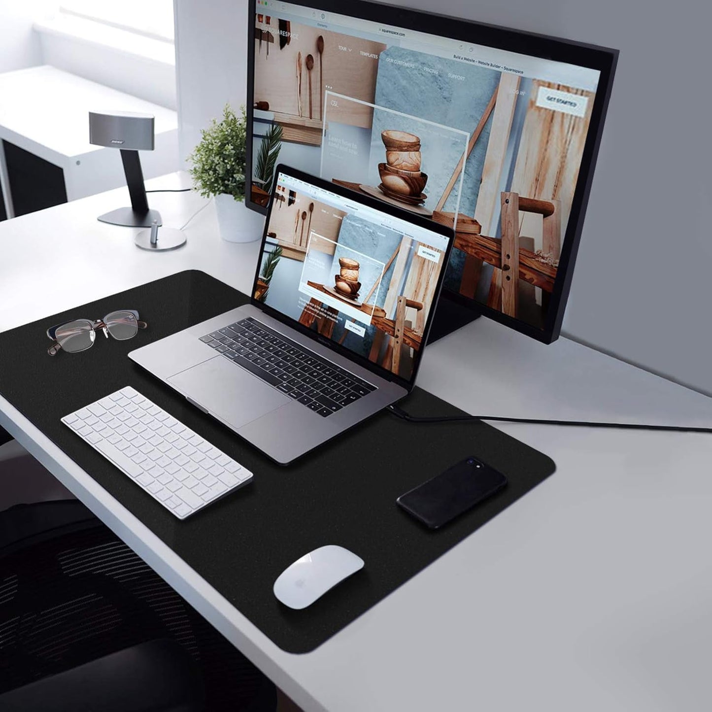 PU Leather Desk Pad with Suede Base, Multi-Color Non-Slip Mouse Pad, 24” X 14” Waterproof Desk Writing Mat, Large Desk Blotter Protector (Black)