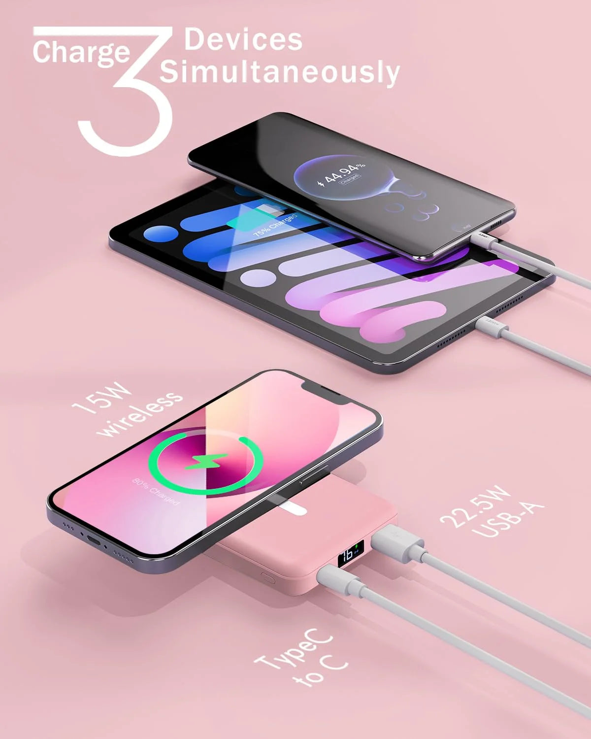 Wireless Portable Charger, 10000Mah Magnetic Power Bank LED Display 22.5W PD Fast Charging Battery Pack for Iphone 16/15/14/13/12/Mini/Pro/Pro Max-Pink